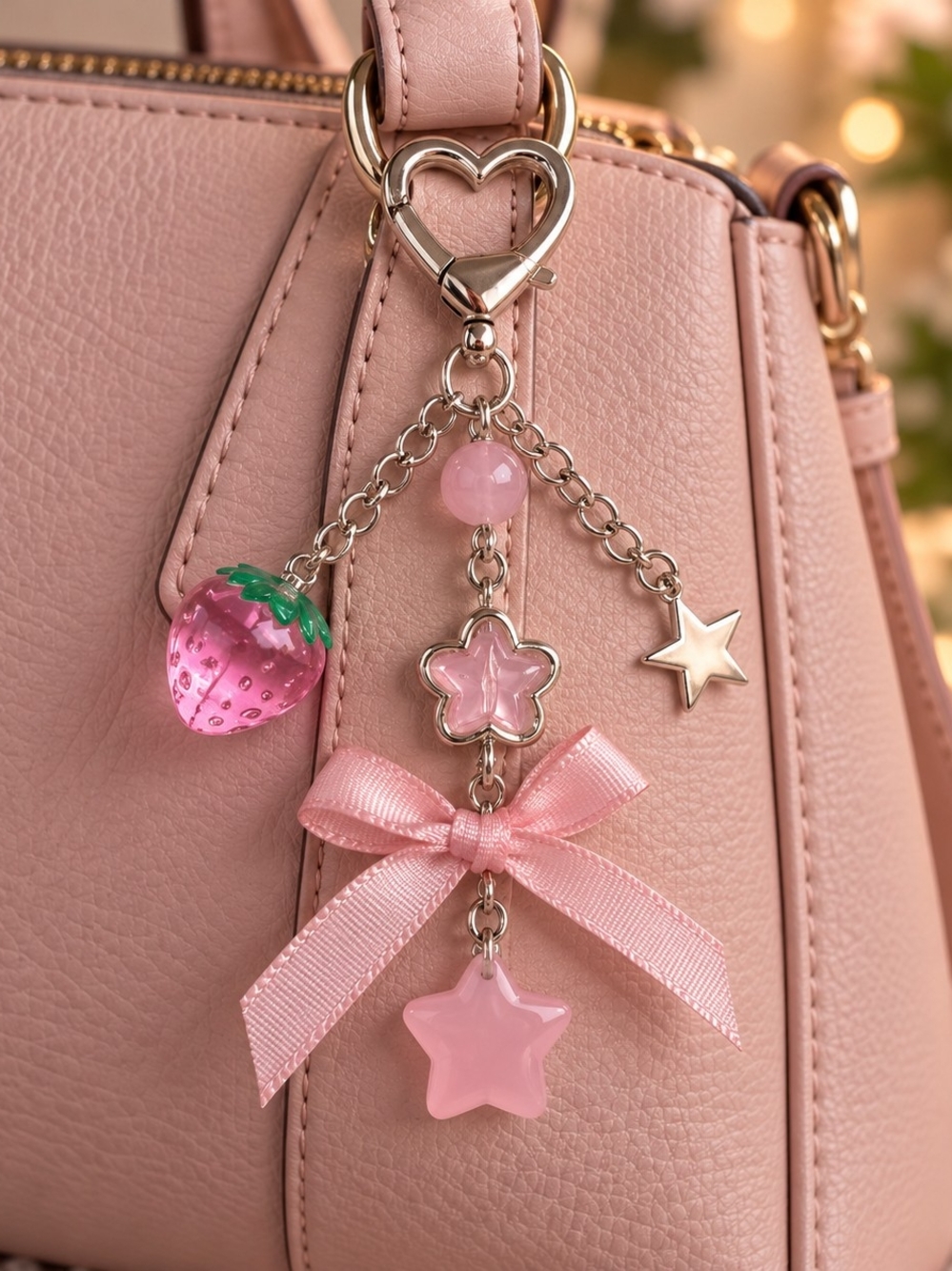 Pink Strawberry & Star Purse Bag Charm Keychain New